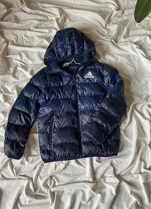 Детская, подростковая куртка-пуховик adidas темно-синего цвета с капюшоном 9-10лет 140см