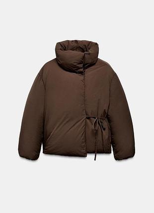 Теплая куртка zara с высоким воротником на осень, зиму, коричневая куртка размер xs/s, m/l
