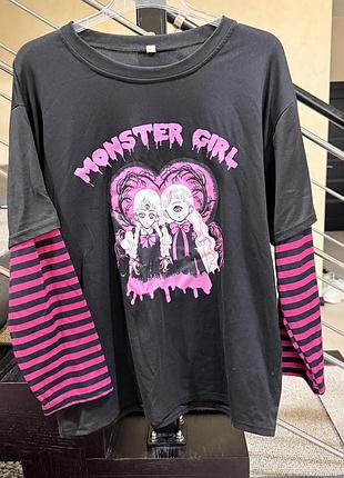 Лонгслів жіночий чорний з рожевими смугастими рукавами monster girl y2k emo