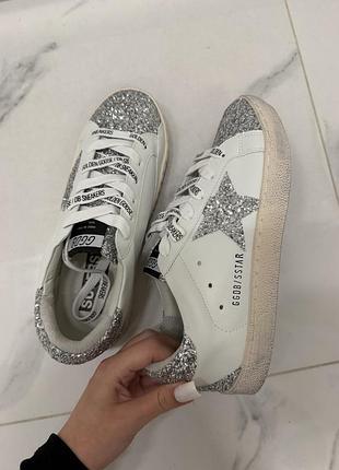 Кеди жіночі golden goose superstar білі з блискітками