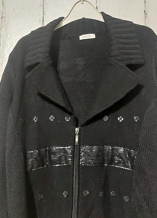 Вязаная черная кофта на молне, черный вязаный крдиган из шерсти, 3xl/4xl