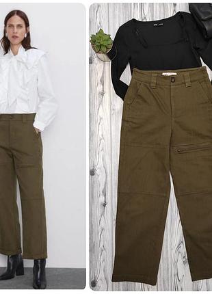 Женские прямые брюки карго оливкового цвета (хаки) бренда zara с высокой посадкой и карманами р.42-44