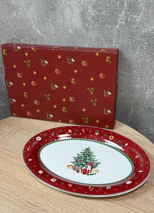 Блюдо сервировочное новогоднее yiwu christmas фарфоровое 30.5 см белый с красным hp-sdhk-42
