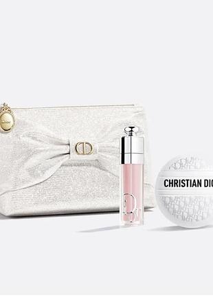 Dior set крем для рук та блиск для губ набір святковий з косметичкою