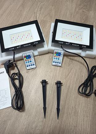 Комплект із 2-х розумних led прожекторів 100w, wifi/bluetooth, rgb+cct (керування зі смартфона surplife та пульта).