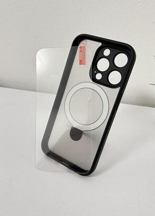 Чехол для iphone 11 pro max (6.5") supdeal magsafe с кольцом-подставкой, полупрозрачный матовый черный + защитное стекло в