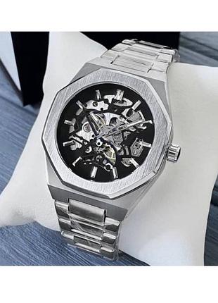 Механические мужские наручные часы с автоподзаводом forsining silver-black оригинальный