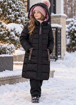 Подовжене зимове стьобане пальто куртка black&red чорне з рожевою підкладкою, зріст 146 на вік 10-11 років
