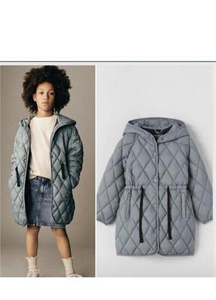 Пальто для дівчинки zara стьобане з капюшоном, сіре, розмір 104