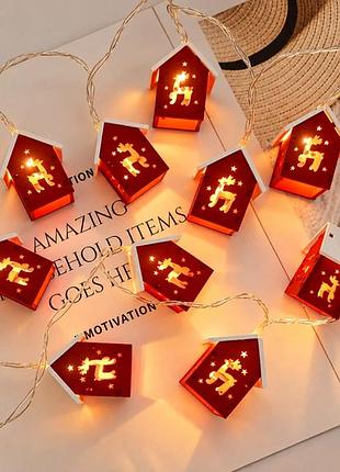 Гірлянда новорічна світлодіодна «будиночки з оленями» usb, 3 м, 20 led, тепле біле світло