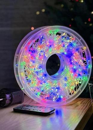 Светодиодная гирлянда «роса» 100 м на катушке (2000 led, разноцветный свет, белый провод, 220 в, с пультом ду)