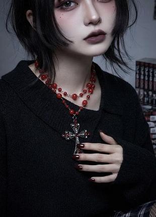 Ефектне багатошарове намисто з кулоном-хрестом у готичному стилі (jirai kei / grunge)