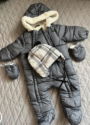 Зимовий комбінезон для хлопчика, сірий, з шапкою та рукавицями