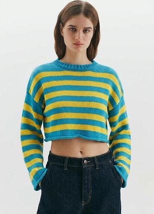Крутий жіночий укорочений светр у смужку zara бавовняний вʼязаний светр із широкими рукавами у корений светр синьо жовтий яскравий светр