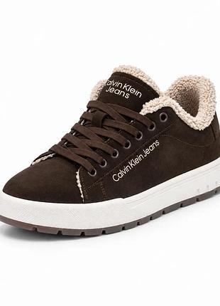 Мужские зимние кожаные ботинки calvin clein geans suede chocolate коричневые