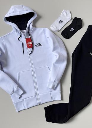 Зимовий спортивний костюм на флісі the north face біле худі з капюшоном на флісі + теплі штани tnf xs / s / m / l / xl / xxl