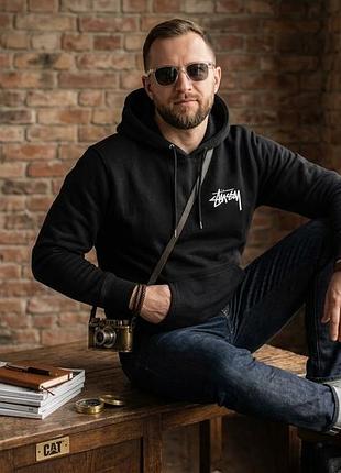 Черное худи stussy с логотипом на флисе, размер xl / xxl (52), оверсайз