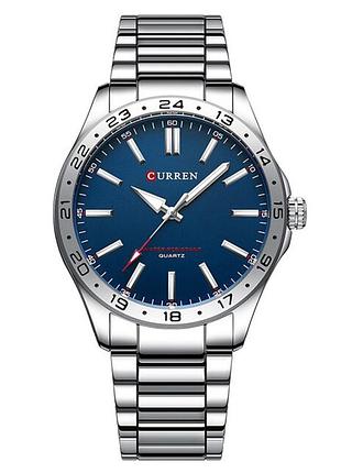 Мужские часы curren 8452 silver-blue с серебристым браслетом и синим циферблатом