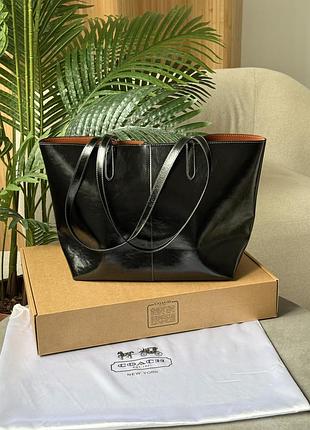 Жіноча сумка coach north tote 32 glazed leather black/silver чорна