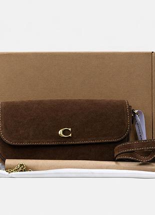 Женская сумка coach brook flap chain bag коричневая замша