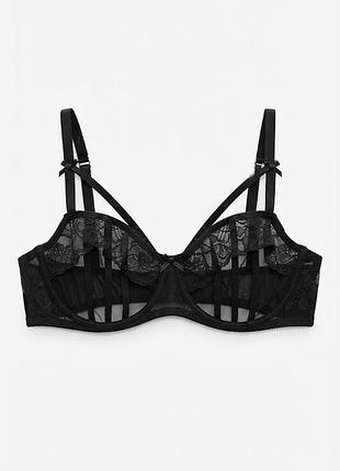 Сексуальный черный кружевной бюстгальтер балконет boohoo с эффектом корсета и портупеями (80c)