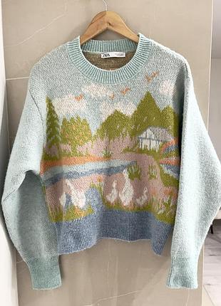 Жіночий светр zara блакитного кольору з принтом s