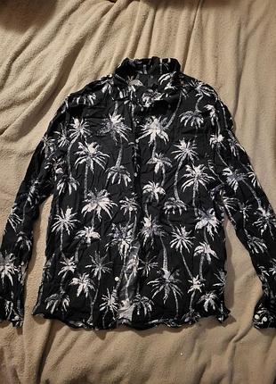 Сорочка чоловіча h&m чорна з білим тропічним принтом, довгий рукав, розмір xl