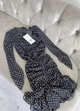 Жіноча коротка сукня zara в горох, чорна, розмір xs