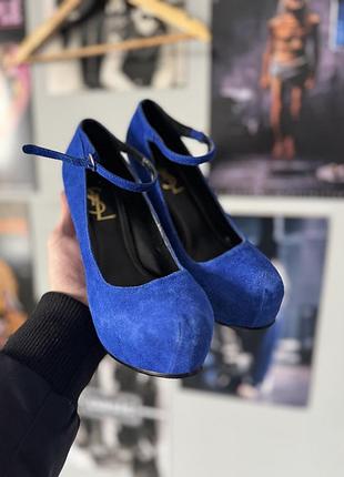 Жіночі сині замшеві туфлі yves saint laurent на платформі з ремінцем, розмір 38, made in italy