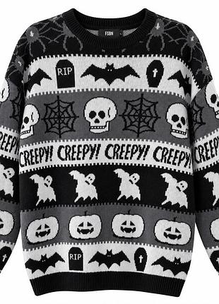 Светр halloween готичний з принтом черепів та кажанів, хелловін