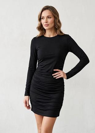 Ефектна чорна сукня prettylittlething із драпіруванням (розмір s-m / uk 10 / eu 38) міні зі збірками та довгим рукавом