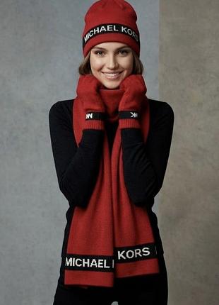 Комплект жіночий michael kors: шапка, шарф та рукавички, червоний