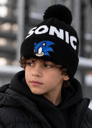 Дитяча шапка sonic чорна / блакитна з помпоном для хлопчика / дівчинки