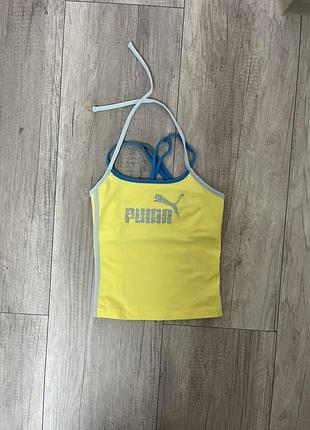 Спортивний топ-майка puma на зав'язках з блакитними бретелями та логотипом спереду