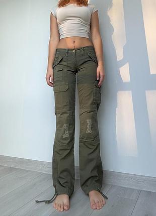 Джинсы h&m 34 xs хаки карго штаны брюки низкая талия посадка клеш flared bootcut vintage винтаж 2000ые 90ые