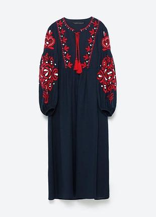 Темно-синя сукня-міді в етнічному стилі (вишиванка) від бренду zara