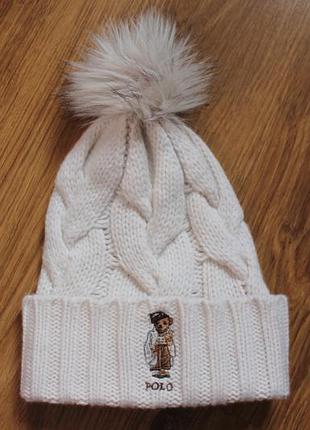 Женская шерстяная шапка polo ralph lauren polo bear (с мишкой) молочный оттенок