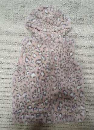 Жилетка для дівчинки з еко хутра рожева леопардова з капюшоном 122 см