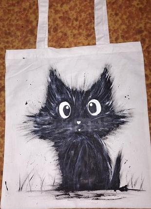 Шопер для жінок з ручним малюнком котика, білий