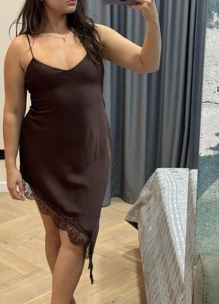 Сукня міді жіноча zara шовкова мереживна коричнева