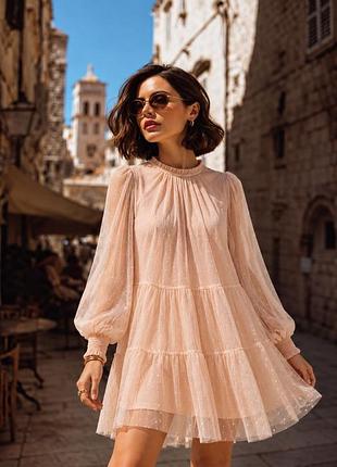 Нежное пудровое платье h&amp;m с фатином в горошек, размер s