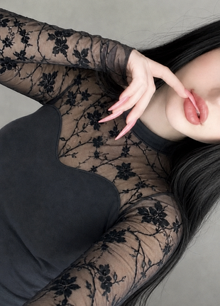 Лонгслив женский черный 🖤 прозрачные рукава с цветочным узором✨🌸 елегантна кофта 📏 размер m (46) 🔍 кофта в сетку, под пиджак