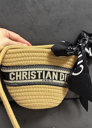 Пляжна сумка жіноча christian dior діор плетена бежева з чорним