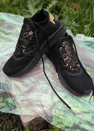 Стильные женские кроссовки puma (черные с золотом / вышивка)