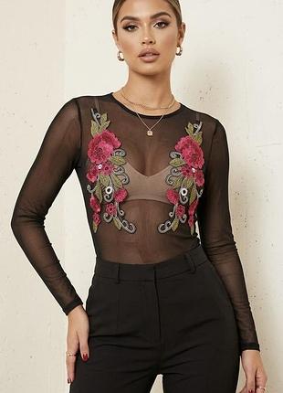 Жіноче боді boohoo чорного кольору з вишивкою