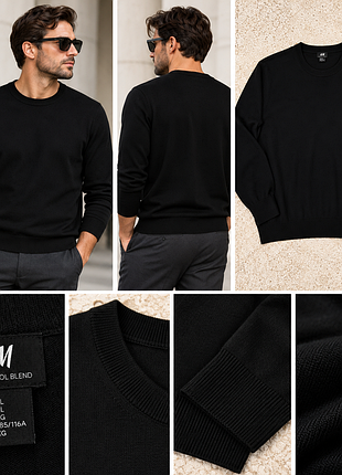 Преміальний чоловічий светр h&m merino wool blend — вовна мериноса, чорний, xl / 52
