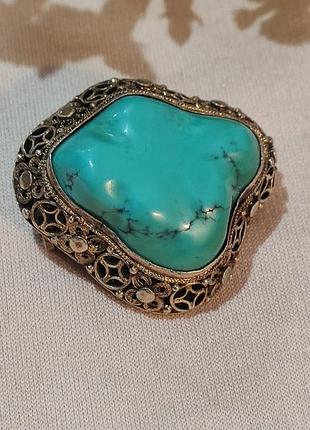 Брошь серебряная, бирюза, старый китай