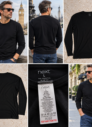 Чоловічий лонгслів next essential slim fit — 100% бавовна, чорний, l / 50, англія