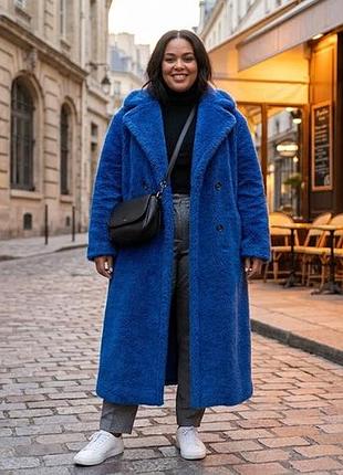 Яркое синее пальто тедди river island / пальто шубка барашек электрик большой размер бата