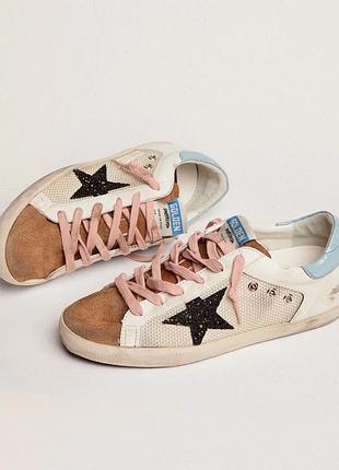 Кеди жіночі golden goose superstar білі з коричневим та рожевими шнурками